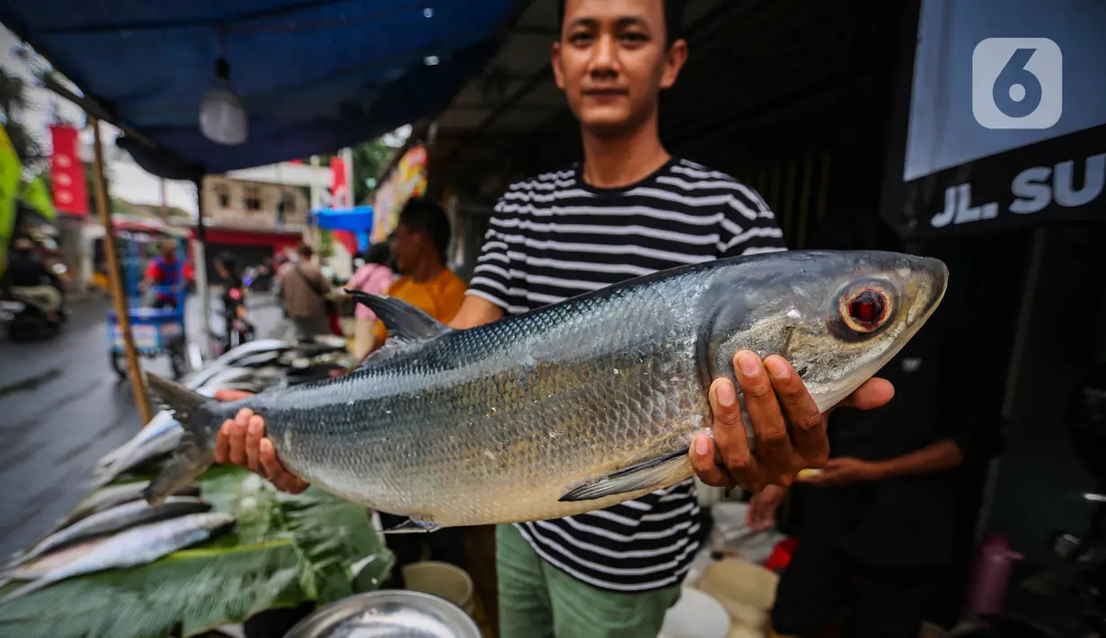 Pedagang menunjukkan ikan bandeng di kawasan Rawa Belong, Jakarta  Barat, Jumat  (9/2/2024). (Liputan6.com/Angga Yuniar)