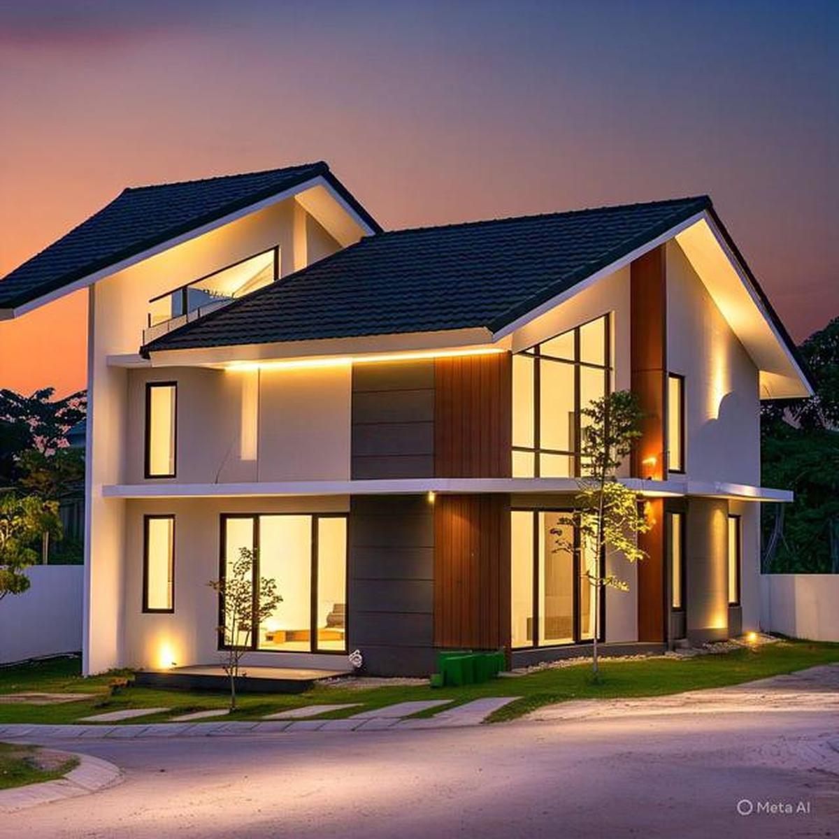 Rumah dengan Taman Depan Kering &amp; Lampu LED.