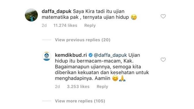 Balasan Admin Kemendikbud Soal Luapan Hati Siswa Saat UN (Instagram: daffa_dapuk)