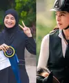 Nabila Syakieb memang dikenal punya hobi berkuda. Begini penampilan kerennya berbalut kaos putih, vest dan dasi hitam saat ikut kompetisi berkuda. [Foto: Instagram].