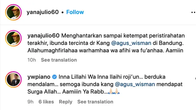 Unggahan Yana Julio soal ibunda Agus Wisman meninggal dunia dan telah dimakamkan di Bandung, Jawa Barat. (Foto: Dok. Instagram @yanajulio60)