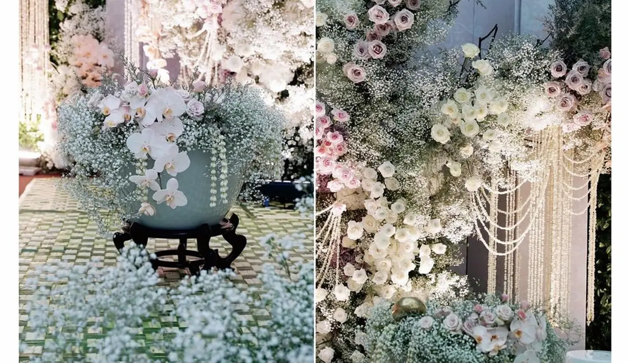 Begini detail printilan dekor acara tasyakuran dan siraman istri Kaesang Pangarep. Dari detailnya sepertinya bunga-bunga yang digunakan untuk dekorasi adalah bunga asli. Jika asli, tentunya dapat dibayangkan jika ruangan tersebut wangi bunga semerbak. Bunga-bunga untuk dekorasi ini dipilih bunga-bunga warna soft, seperti putih, merah muda hingga warna lilac. (Liputan6.com/IG/@suryodecor)