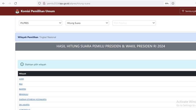 Tampilan situs Komisi Pemilihan Umum (KPU) yang memperlihatkan real count perhitungan suara Pemilu 2024