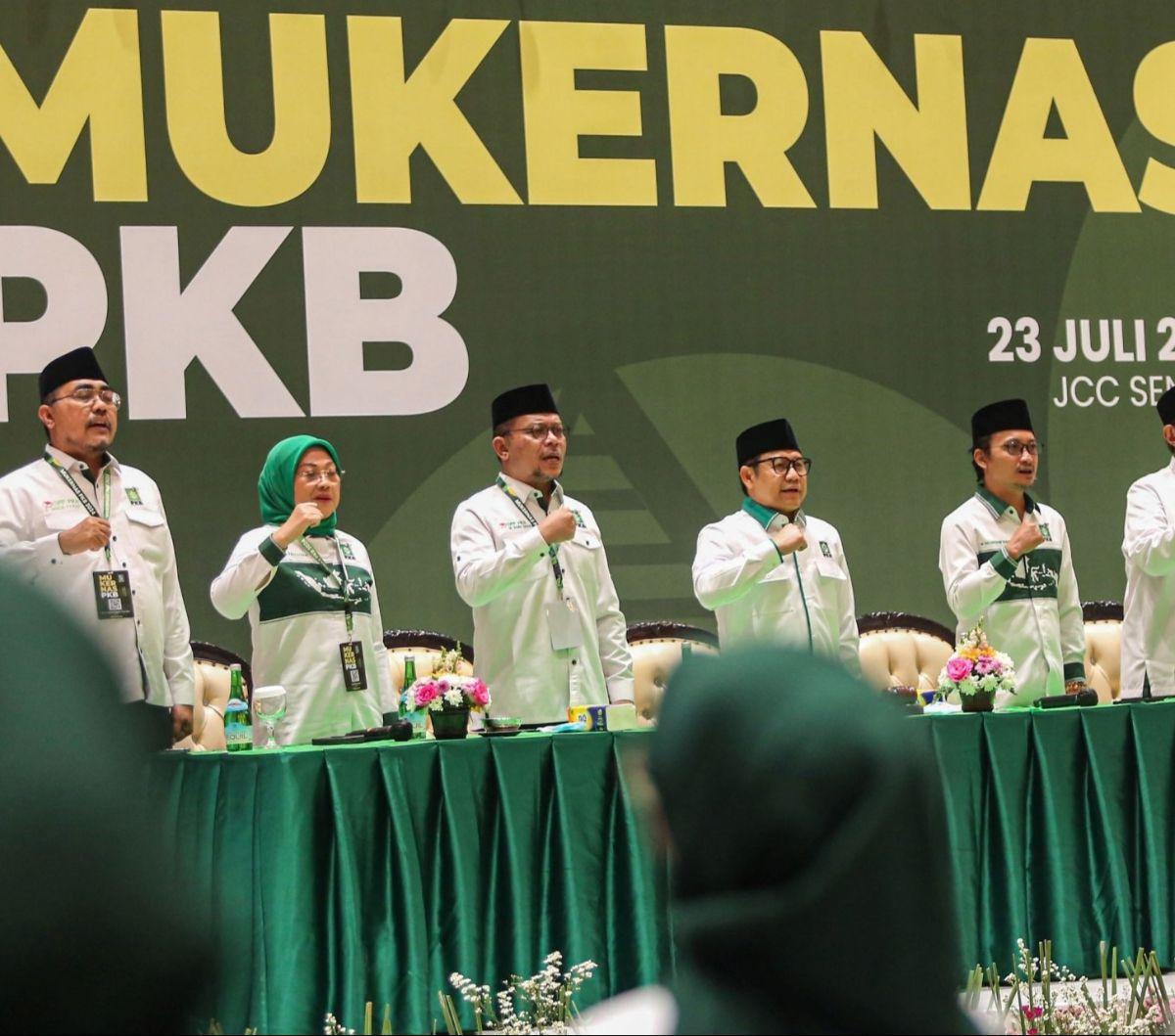 Ketua Umum Partai Kebangkitan Bangsa (PKB) Muhaimin Iskandar atau Cak Imin membuka acara pembukaan musyawarah kerja nasional (Mukernas) dalam rangka perayaan hari lahir (Harlah) PKB ke-26 di Jakarta Convention Center (JCC), Senayan, Jakarta. Foto: Liputa