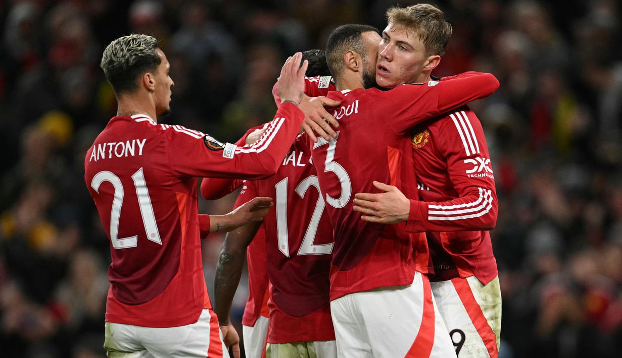 Rasmus Hojlund menjadi bintang kemenangan Manchester United usai kembali mencetak gol pada menit ke-50. (Oli SCARFF/AFP)