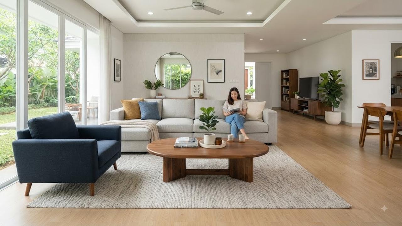 Tempatkan Meja Tamu Secara Proporsional di Tengah Area Duduk (AI Generated)