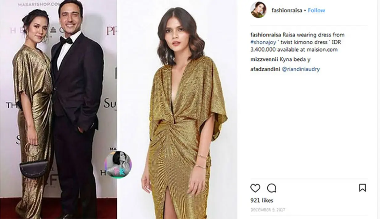 Memakai busana bergaya apapun sepertinya cocok saja untuk si cantik Raisa. Apalagi dengan dress berwarna gold yang satu ini. Dilihat dari akun instagram @fashionraisa, harga dressnya adalah Rp. 3.400.000. (Instagram/fashionraisa)