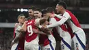 Pemain Arsenal merayakan gol yang dicetak Gabriel Jesus ke gawang Crystal Palace pada laga perempat final Carabao Cup 2024/2025 yang berlangsung di Emirates Stadium, London, Inggris, Kamis (19/12/2024) WIB. (AP Photo/Kirsty Wigglesworth)