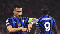Selebrasi striker Inter Milan, Lautaro Martinez, setelah mencetak gol ke gawang Bayern Munchen pada leg 1 perempat final Liga Champions 2024/2025 di Allianz Arena, Rabu (9/4/2025) dini hari WIB. (Tom Weller/dpa via AP)