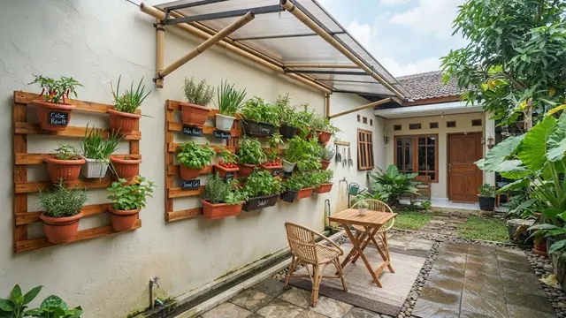 Desain area belakang rumah kecil agar multifungsi model kebun vertikal di dinding belakang
