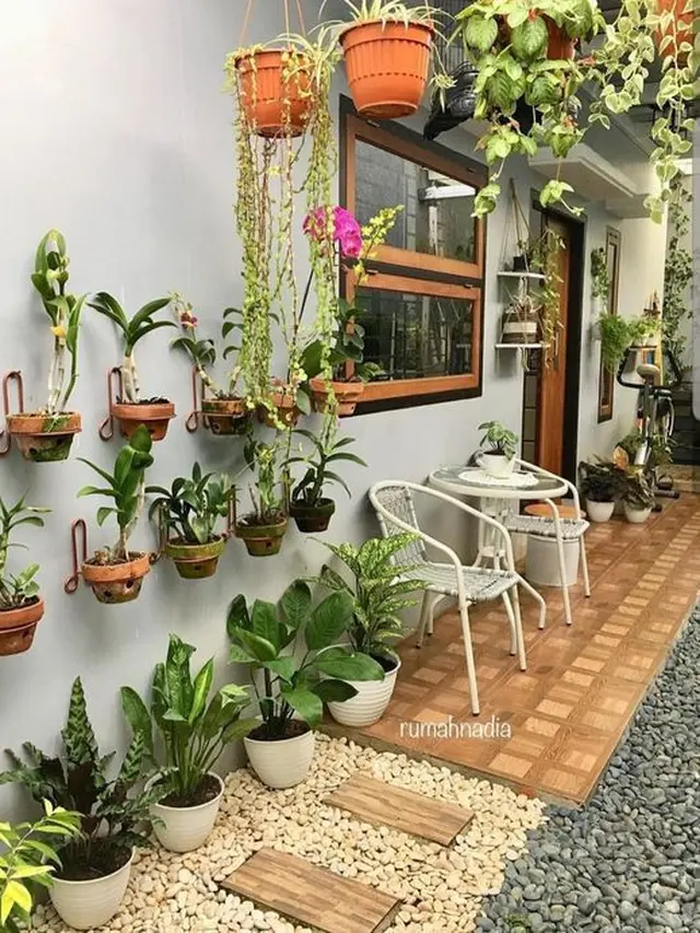 Teras Sempit dengan Tanaman Pot Menempel pada Dinding
