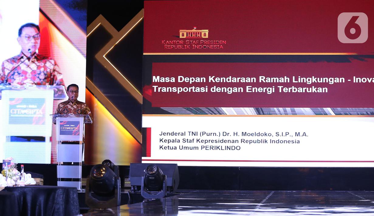 Dalam sambutannya, Moeldoko menjelaskan masa depan kendaraan ramah lingkungan-inovasi transportasi energi terbarukan. (Liputan6.com/Angga Yuniar)