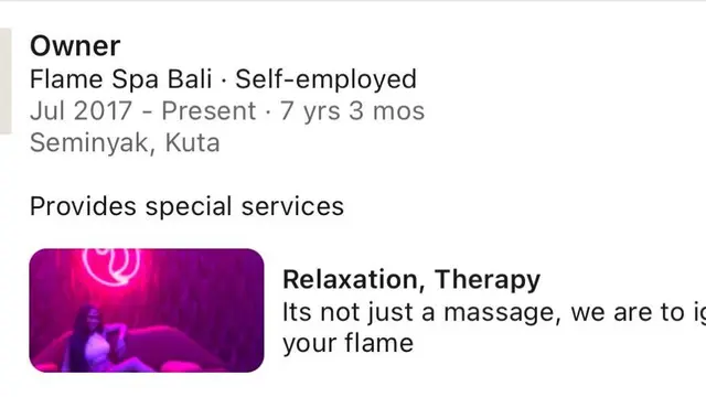Bukti kepemilikan Flame Spa oleh selebgram Sarnanitha.