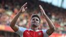 Ekspresi Olivier Giroud setelah mencetak gol kedua Arsenal ke gawang Stoke City dalam lanjutan Liga Premier Inggris di Stadion Emirates, London. Sabtu (12/9/2015). (Reuters/Alan Walter)