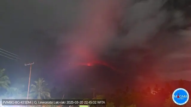 Gunung Lewotobi Laki-Laki di Kabupaten Flores Timur, Nusa Tenggara Timur kembali mengalami erupsi, Kamis 20 Maret 2025 pukul 22:56 WITA. (Liputan6.com/Ola Keda)