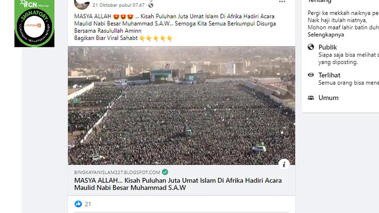 Cek Fakta Liputan6.com menelusuri klaim foto jutaan orang di Afrika merayakan Maulid Nabi Muhammad