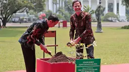 Presiden Joko Widodo atau Jokowi (kiri) bersama PM Belanda Mark Rutte menanam pohon damar disela pertemuan di Istana Bogor, Jawa Barat, Senin (7/10/19). Pertemuan itu membahas kerja sama strategis antara Indonesia dan Belanda kedepan berdasarkan prinsip kemitraan komprehensif. (AP/Dita Alangkara)