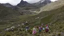 Wanita Aymara mendaki gunung untuk melihat dua burung kondor Andes dilepaskan ke alam liar di pinggiran Choquekhota, Bolivia, Selasa (23/2/2021). Pelepasliaran dua burung kondor Bolivia yang terancam punah ini bagian dari proyek di bawah naungan program konservasi negara. (AP Photo/Juan Karita)