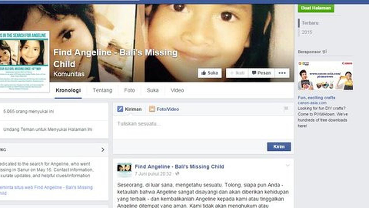 Fanpage Facebook 'Find Angeline' diduga dibuat Christina di Amerika