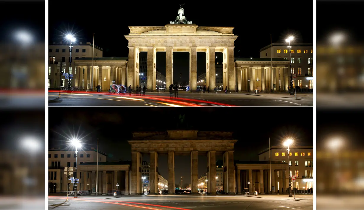 Foto kombinasi dari gerbang Brandenburger Tor sebelum dan saat memperingati Earth Hour di Berlin, Jerman (19/3/2016). (Reuters / Fabrizio Bensch)