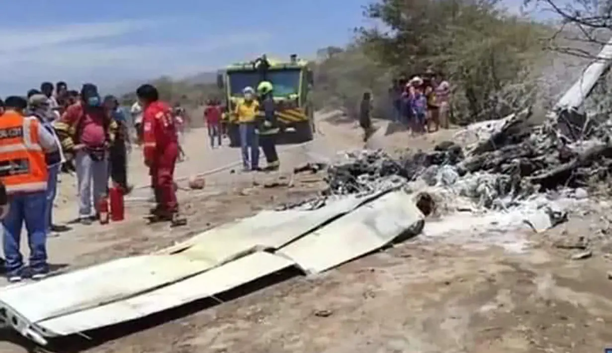 Petugas berada di lokasi jatuhnya pesawat kecil yang mengangkut wisatawan di Peru (4/2/2022). Pesawat bermesin tunggal Cessna 207 milik perusahaan pariwisata Aerosantos jatuh tak lama setelah lepas landas dari bandara kecil Maria Reiche di Nazca. (NZK Canal 51 Nazca/AFP)