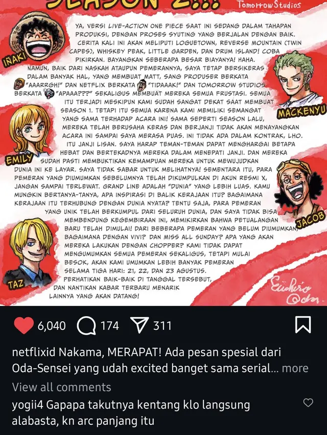 Surat dari Eiichiro Oda soal One Piece Live Action Season 2. (Instagram/ netflixid)