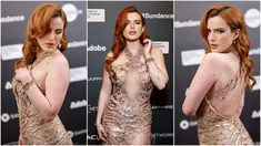 Foto kolase Bella Thorne saat menghadiri pemutaran perdana film Divinity pada acara Sundance Film Festival 2023 di Egyptian Theatre, Park City, Utah, Amerika Serikat, 21 Januari 2023. (Matt Winkelmeyer/Getty Images/AFP)