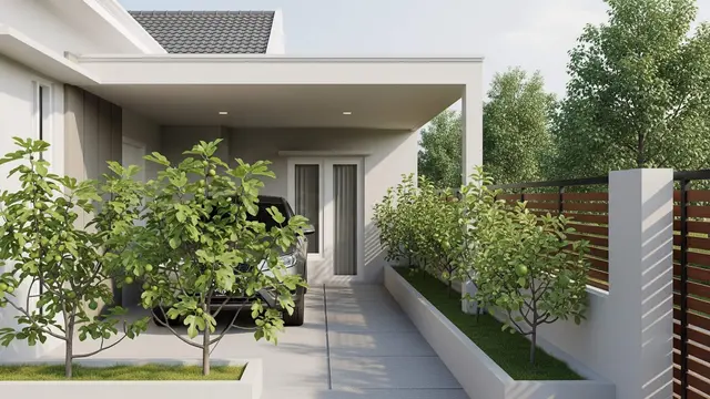 Inspirasi Rumah dengan Kebun Buah Mini di Samping Carport