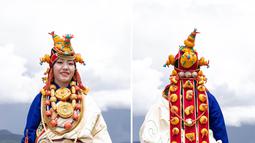 Foto kombinasi ini memperlihatkan aksesori yang dikenakan seorang wanita dalam peragaan busana Tibet di padang rumput Zhaqingtang di Wilayah Sertar, Provinsi Sichuan, China barat daya (7/8/2020). (Xinhua/Jiang Hongjing)