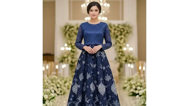 Dress Batik A-Line Brokat Lengan Panjang
