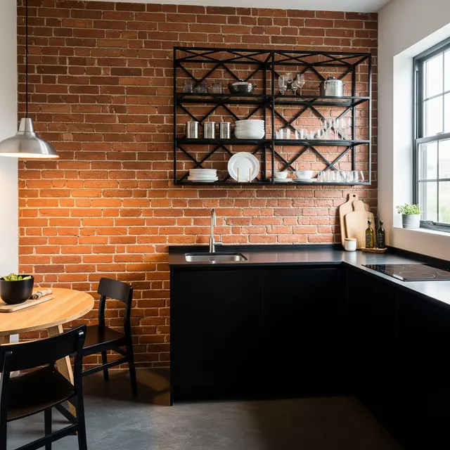 Dapur Rumah Kecil dengan Kombinasi Bata Ekspos dan Rak Besi Hitam