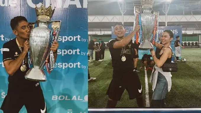 Potret Ariel Tatum Ikut Angkat Piala Kemenangan Daffa Wardhana (credit: instagram/daffawardhana)