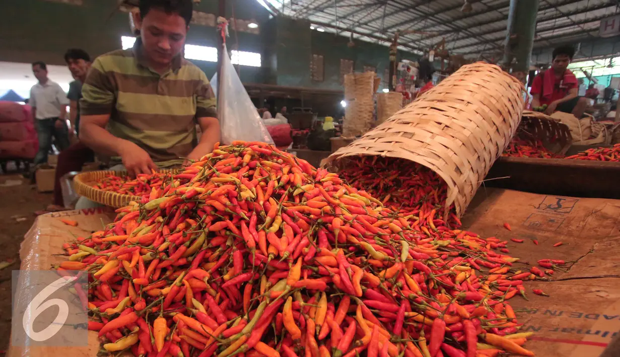 Melimpahnya pasokan cabai merah di minggu kedua Ramadan membuat harganya mengalami penurunan dari Rp 40.000/kg menjadi Rp 25.000/kg - Rp 28.000/kg, Pasar Kramat Jati, Jakarta, Selasa (14/6). (Liputan6.com/Angga Yuniar) 