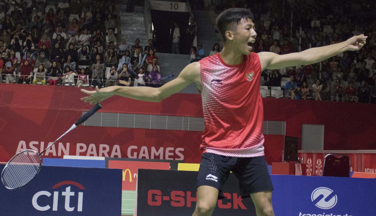Ekspresi Deva Anrimusthi atlet bulutangkis Indonesia di Asian Paragames 2018  di Istora Senayan, Minggu (7/10/2018).  (Bola.com/Peksi Cahyo)
