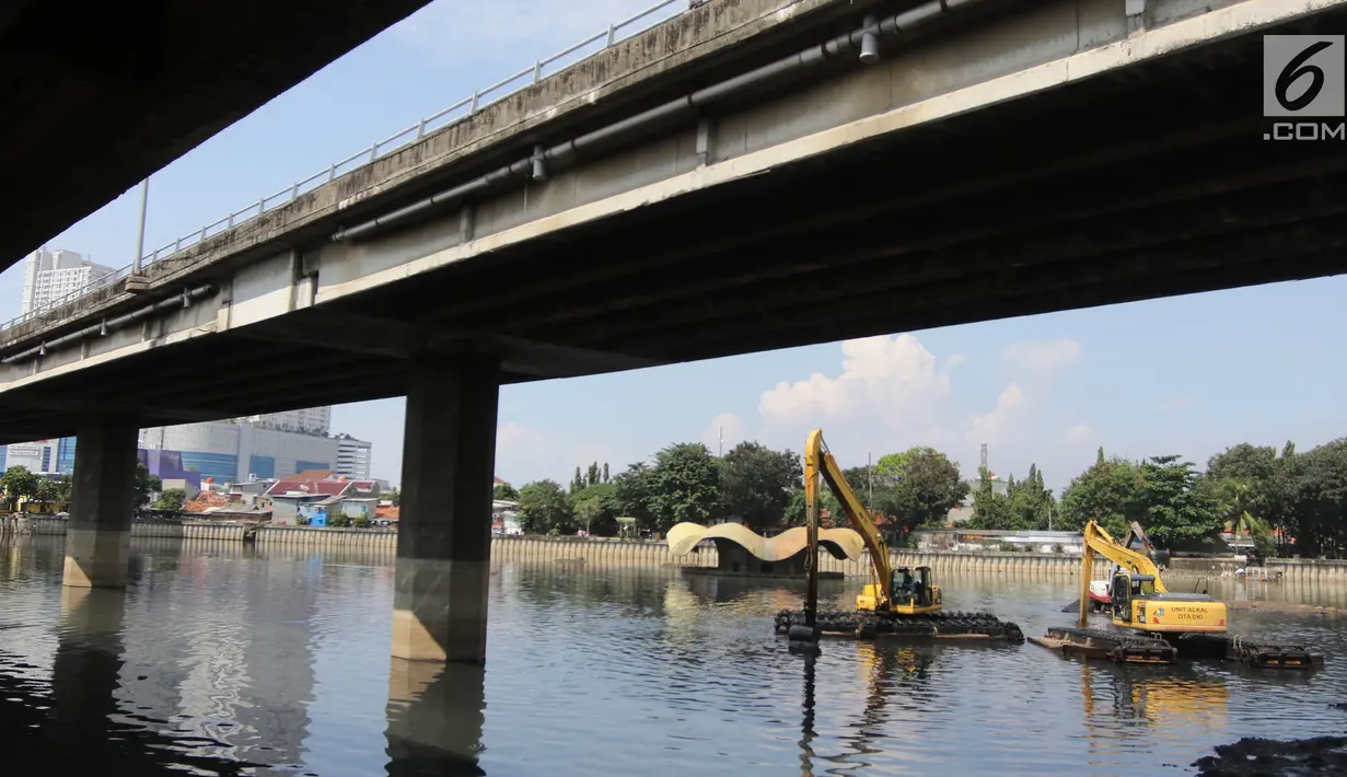 Alat berat dikerahkan petugas untuk melakukan pengerukan di Waduk Grogol, Jakarta, Senin (9/4). Pengerukan dilakukan guna meningkatkan daya tampung waduk sebagai bagian dari upaya mengatasi banjir. (Liputan6.com/Arya Manggala)