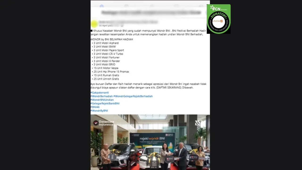 Cek Fakta Liputan6.com mendapati klaim link pendaftaran undian berhadiah Wondr BNI.