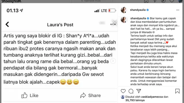 Unggahan Shandy Aulia soal warganet yang menghina anaknya. (Foto: Instagram @shandyaulia)
