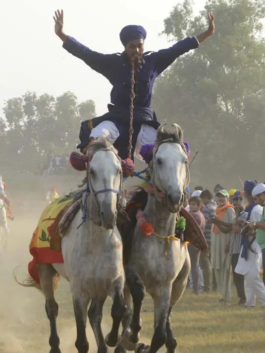 Sikh India 'Nihangs', atau anggota militer tradisional Sikh berdiri diatas kuda saat menujukkan aksinya dalam perayaan Fateh Divas di Amritsar (20/10). Perayaan Fateh Divas ini digelar sehari setelah festival Diwali. (AFP/Narinder Nanu)