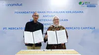Penandatanganan Perjanjian Kerja Sama (PKS) oleh Direktur Pelayanan BPJS Ketenagakerjaan Roswita Nilakurnia dan Direktur dan Founder PT Mercato Digital Asia, Indra Suryawan, bertempat di Grha BPJAMSOSTEK Jakarta.