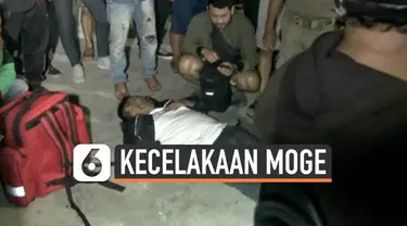 Diduga melaju dengan kecepatan tinggi sebuah moge menabrak taksi. Akibat kecelakaan ini pengendara moge terlempar sementara taksi menabrak separator. Sementara pegendara motor mengalami luka-luka hingga dibawa ke RS.