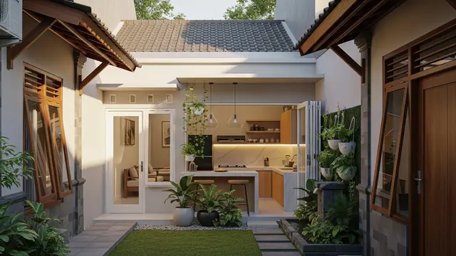 Desain Rumah 1 Lantai Tipe 36 di Gang Sempit dengan Dapur Belakang Terbuka/Gemini AI