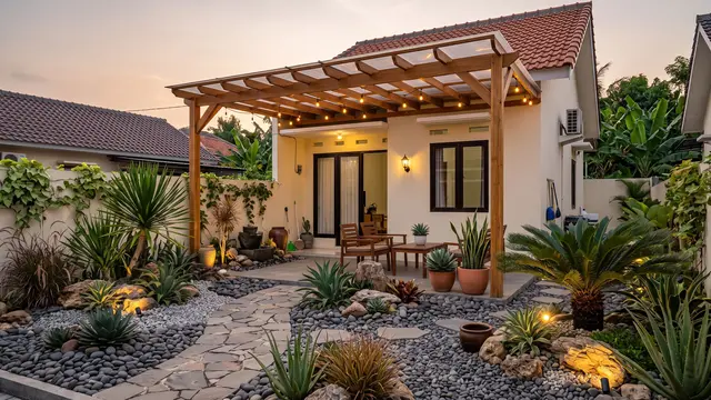 Ide Halaman Belakang dengan Pergola dan Taman Mini