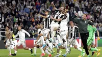 Para pemain Juventus melakukan selebrasi usai memastikan lolos ke final Liga Champions dengan mengalahkan AS Monaco di Stadion Juventus, Turin, Selasa, (09/05/2017). Juventus menang 2-1. (AP/Antonio Calanni)