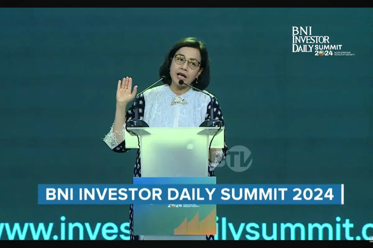 Menteri Keuangan Sri Mulyani dalam acara BNI Investor Daily Summit 2024 di JCC, Jakarta, pada Selasa (8/10/2024).
