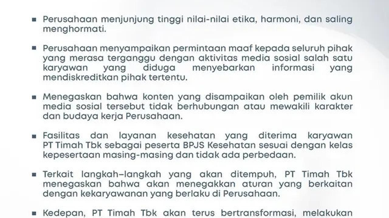 PT Timah Tbk Rilis Pernyataan Permintaan Maaf usai Video TikTok Karyawannya Viral, Bakal Lebih Tegas Tegakkan Aturan