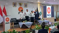 Partai Keadilan Sejahtera (PKS) menyambut kedatangan jajaran DPP Partai Kebangkitan Bangsa (PKB) dan NasDem bersama pasangan Anies Baswedan dan Muhaimin Iskandar (Cak Imin) di DPP PKS. (Liputan6.com/Winda Nelfira)