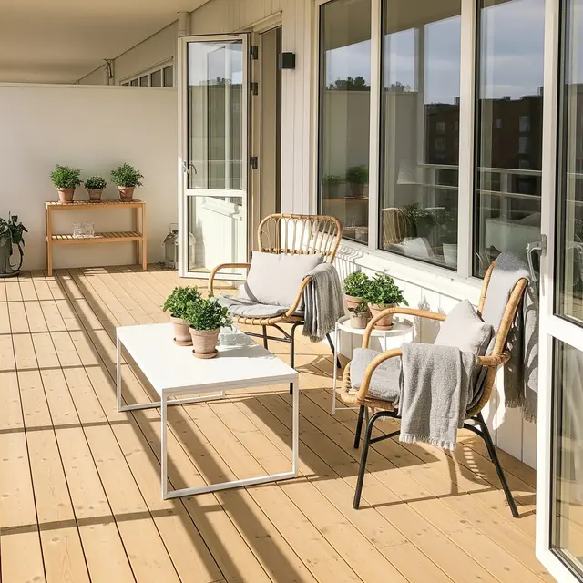 Desain Teras Kecil dengan Kursi Rotan dan Meja Kopi