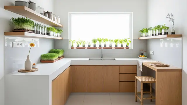 Dapur Minimalis Japandi Bentuk L dengan Tanaman Microgreens