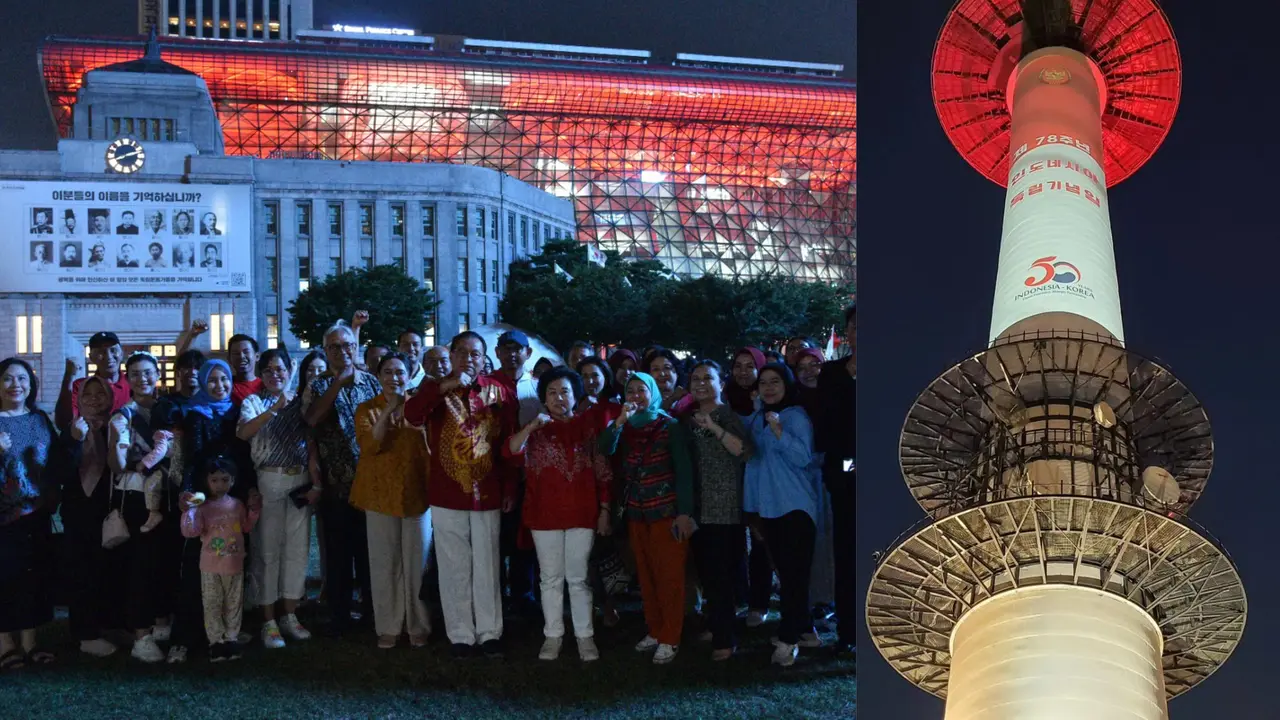 Semarak HUT ke-78 RI di Korea Selatan, Gedung Balai Kota Seoul dan Namsan Tower bersinar cahaya warna bendera merah putih. (Dok KBRI Seoul)