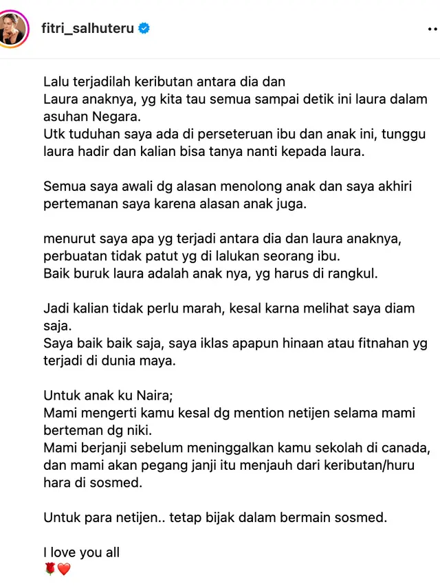 Unggahan Fitri Salhuteru. (Foto: Dok. Instagram @fitri_salhuteru)